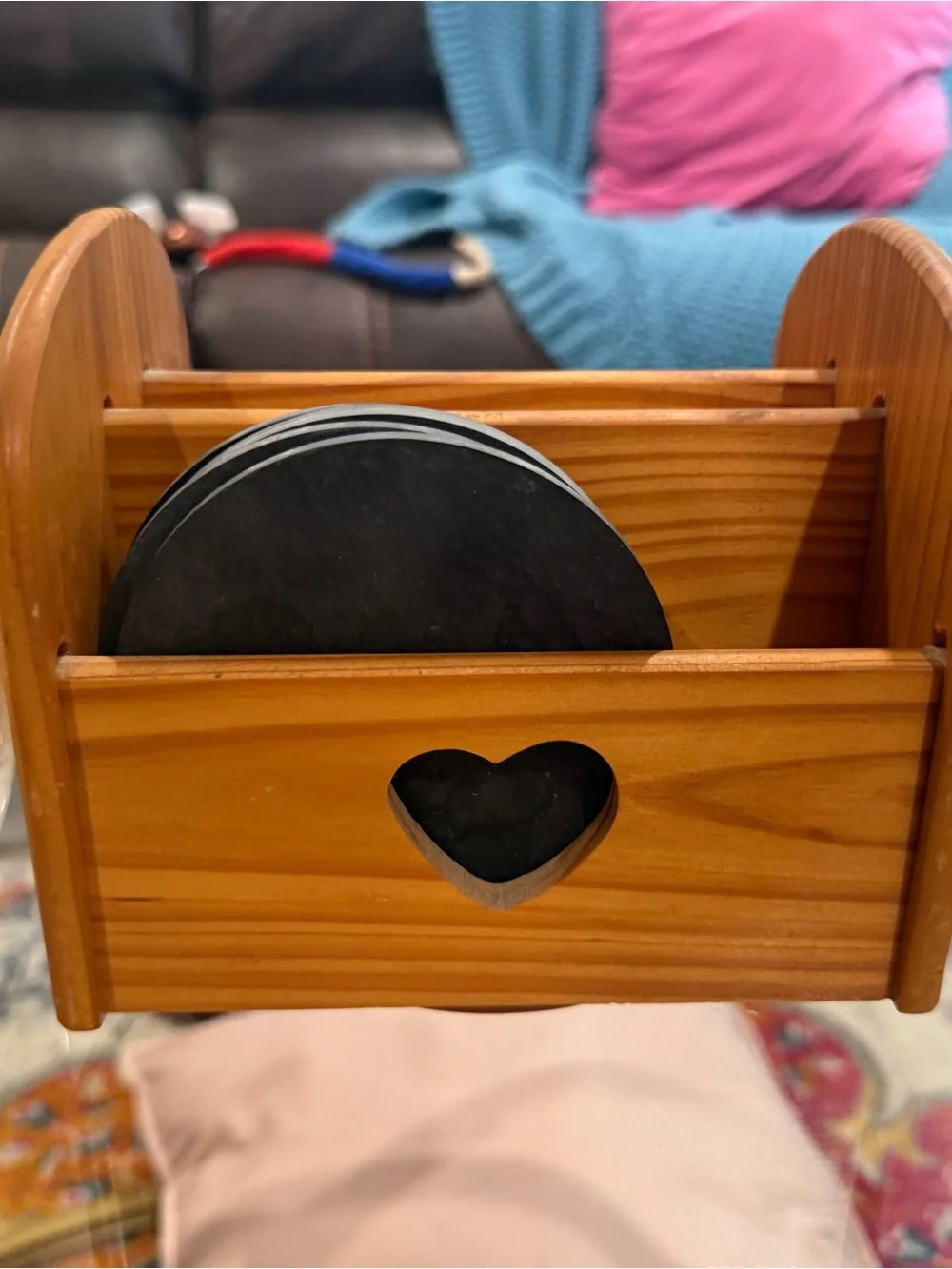 Wooden Heart Cutout Coaster Holder with Black Coasters